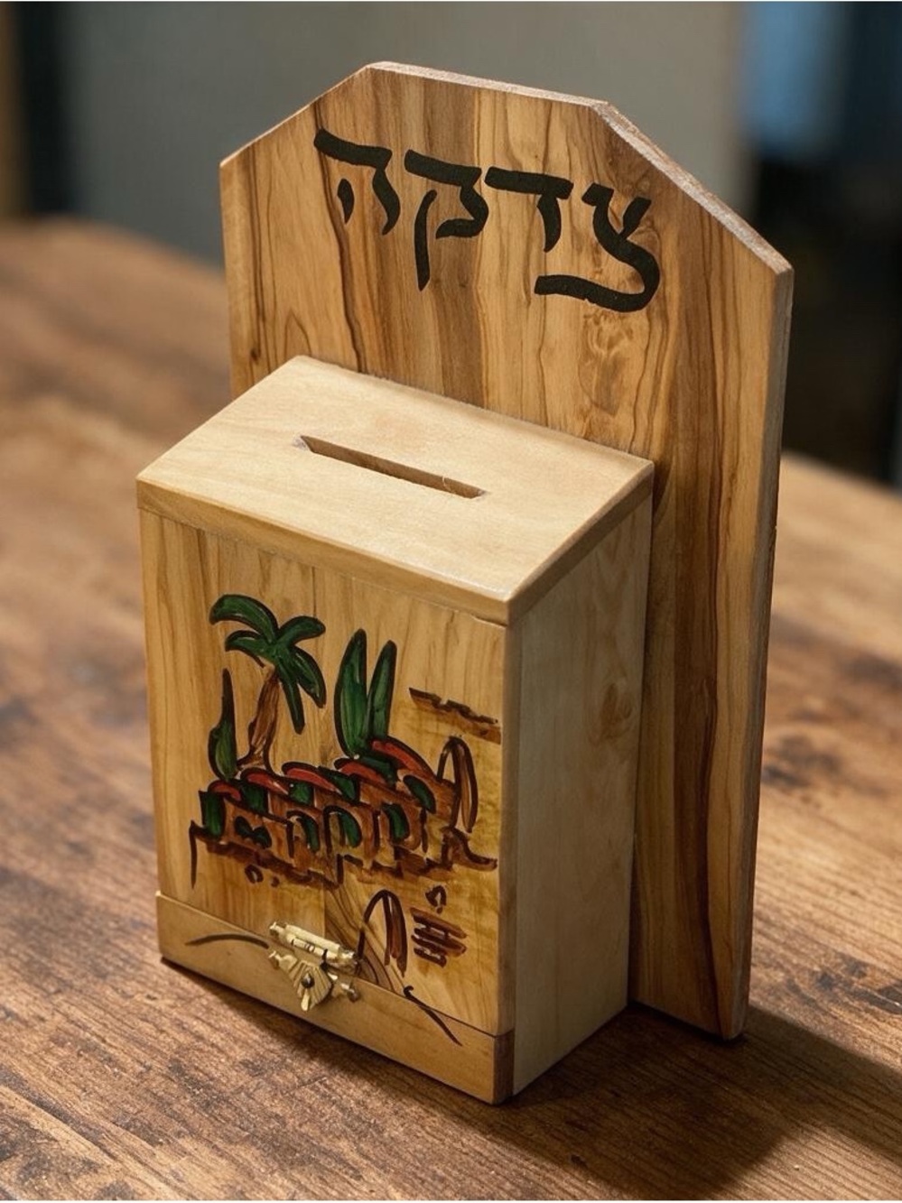 Wooden Tzedakah Box with Hand-Painted Jerusalem Landscape